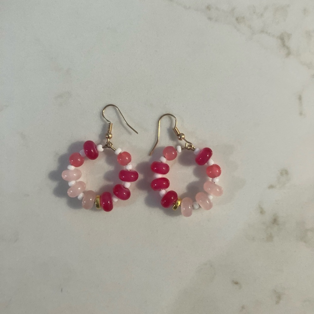 Handmade Pink and Rose Beaded Hoop Earrings